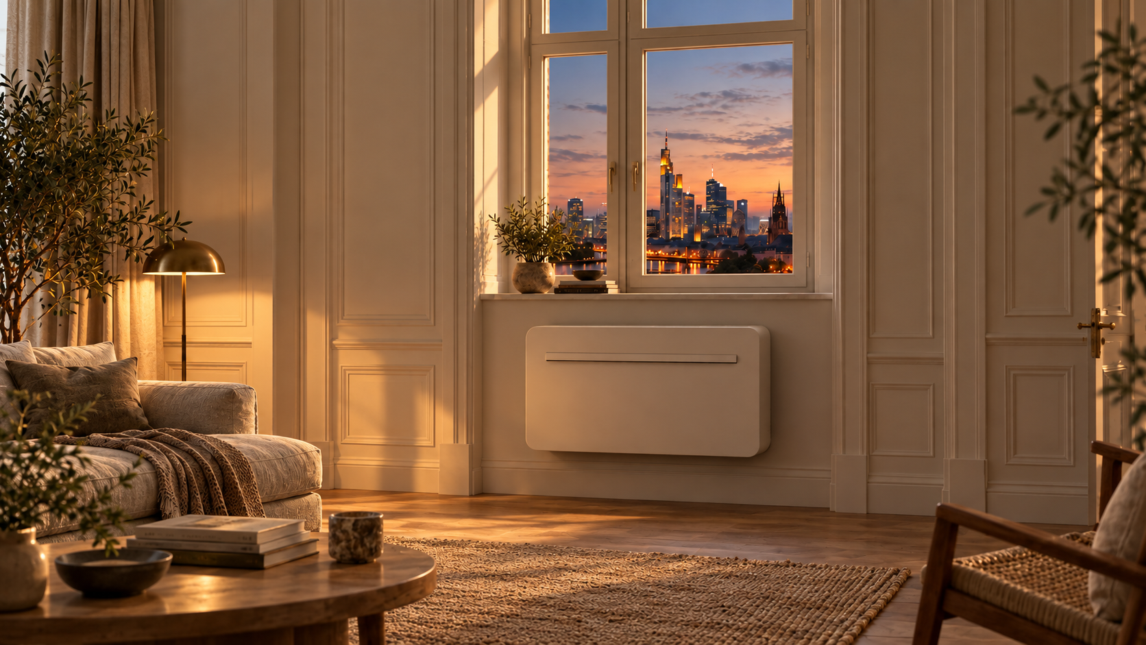 Golden-hour Wohnzimmer mit Blick auf die Frankfurter Skyline