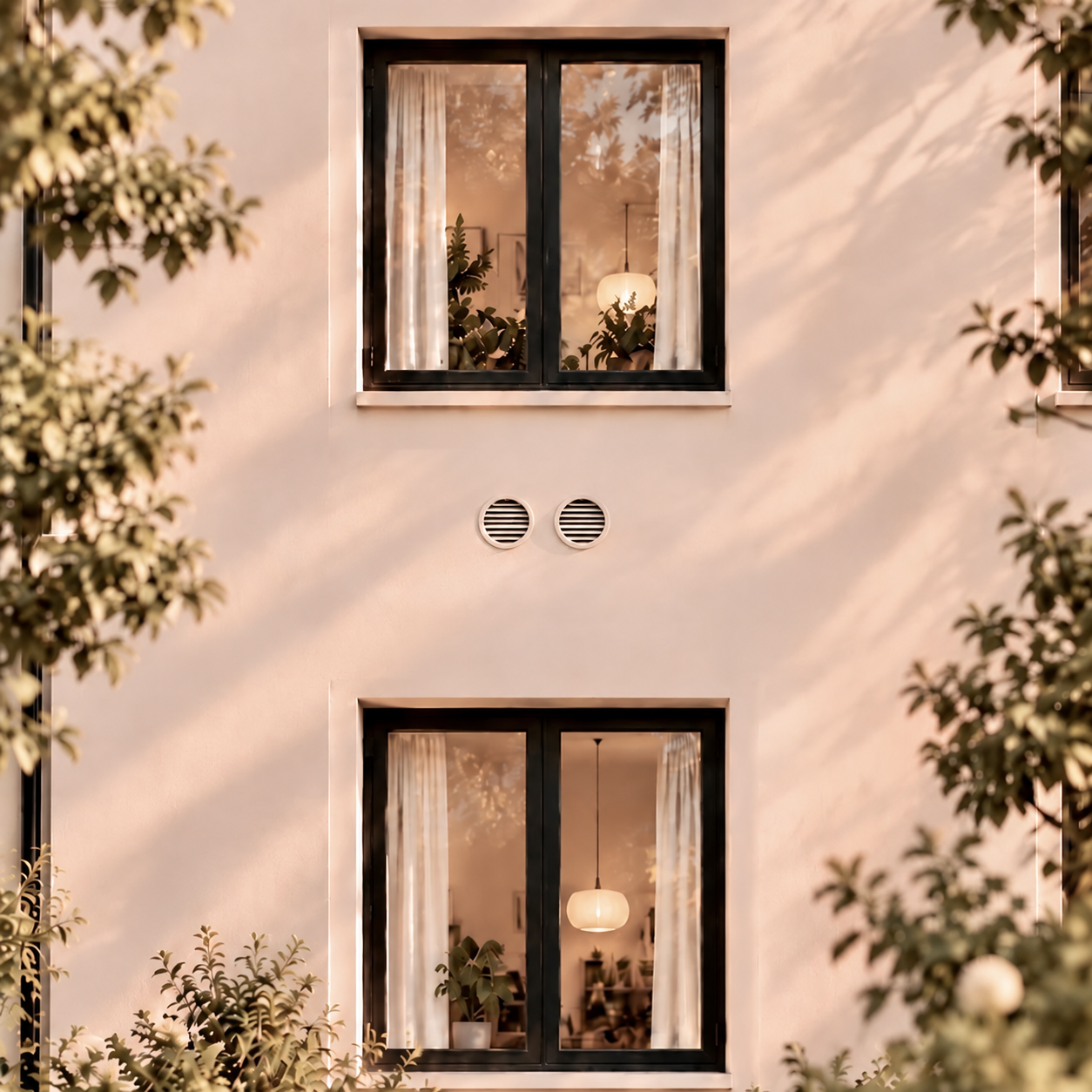 Helle Wohnhausfassade mit zwei schwarz gerahmten Fenstern und zwei runden Luftöffnungen dazwischen — kein Außengerät sichtbar